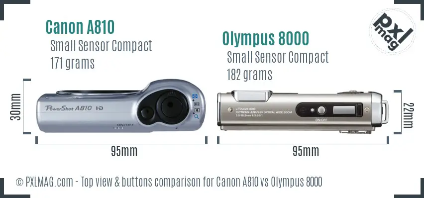 Canon A810 vs Olympus 8000 top view buttons comparison