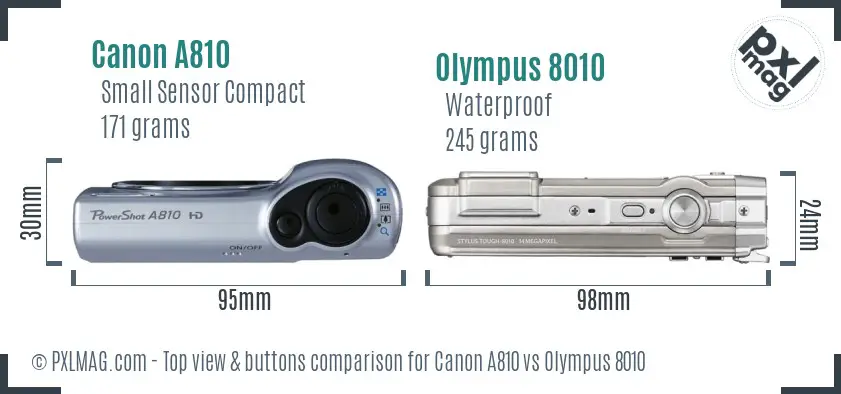 Canon A810 vs Olympus 8010 top view buttons comparison