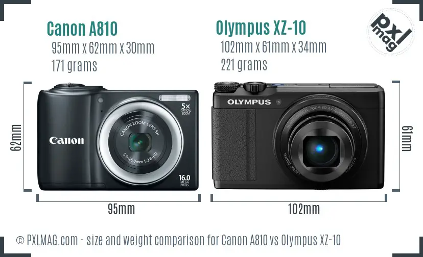 Canon A810 vs Olympus XZ-10 size comparison
