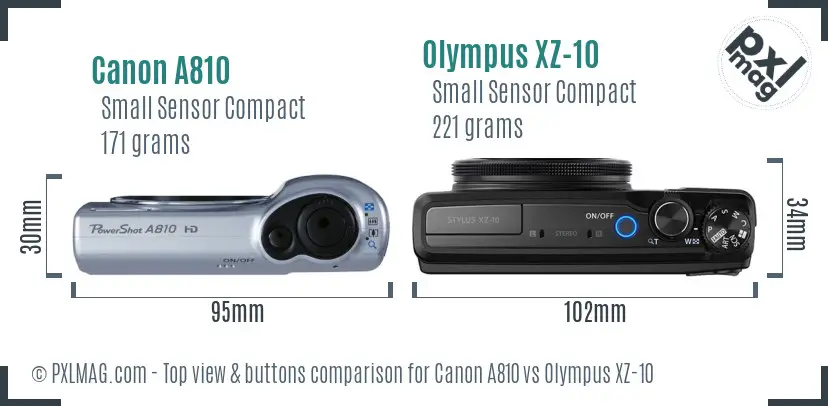 Canon A810 vs Olympus XZ-10 top view buttons comparison