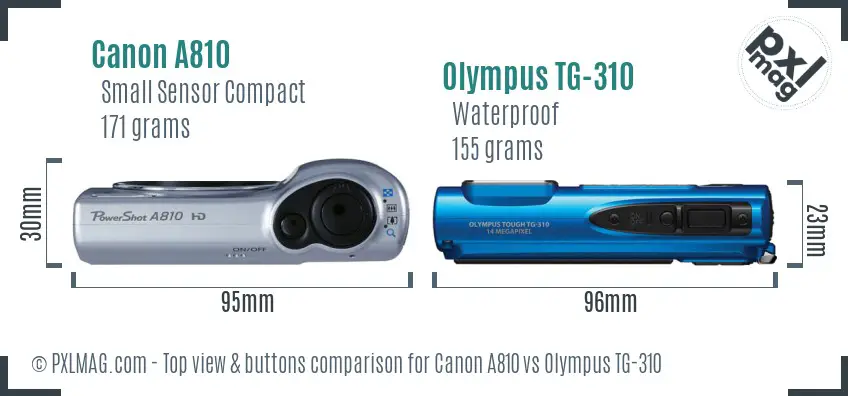 Canon A810 vs Olympus TG-310 top view buttons comparison