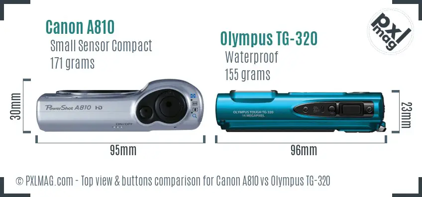 Canon A810 vs Olympus TG-320 top view buttons comparison Canon A810 vs Olympus TG-320 top view buttons comparison