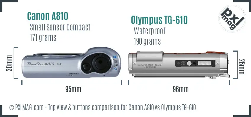Canon A810 vs Olympus TG-610 top view buttons comparison Canon A810 vs Olympus TG-610 top view buttons comparison