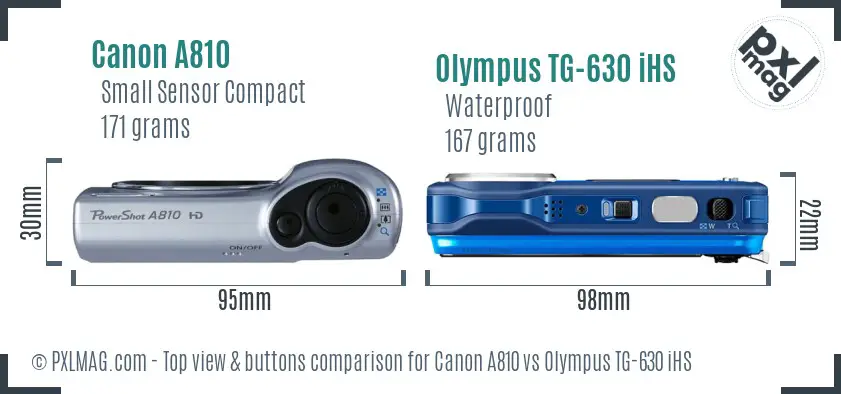 Canon A810 vs Olympus TG-630 iHS top view buttons comparison Canon A810 vs Olympus TG-630 iHS top view buttons comparison