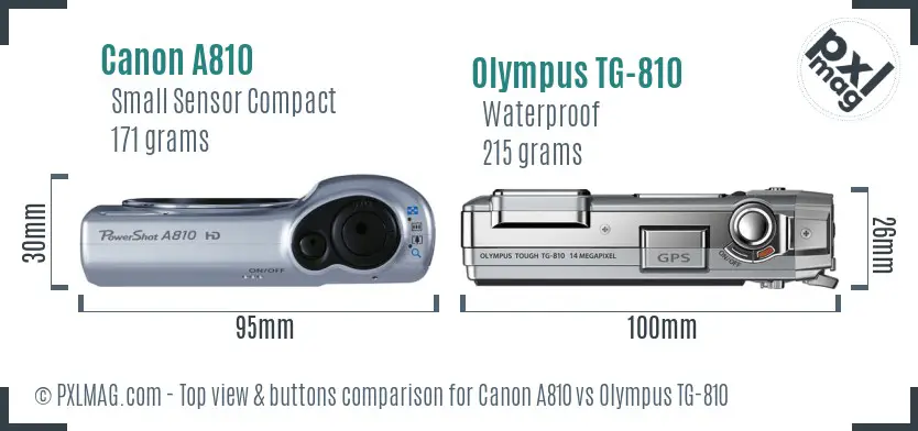 Canon A810 vs Olympus TG-810 top view buttons comparison Canon A810 vs Olympus TG-810 top view buttons comparison