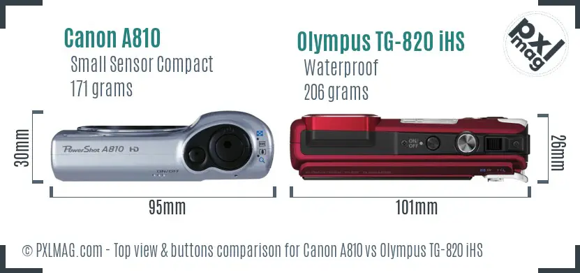 Canon A810 vs Olympus TG-820 iHS top view buttons comparison