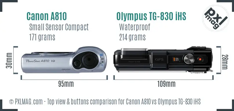 Canon A810 vs Olympus TG-830 iHS top view buttons comparison