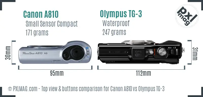 Canon A810 vs Olympus TG-3 top view buttons comparison