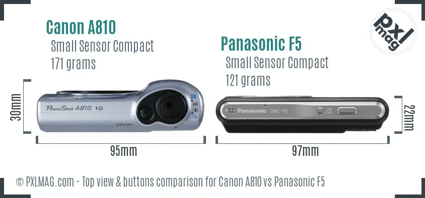 Canon A810 vs Panasonic F5 top view buttons comparison Canon A810 vs Panasonic F5 top view buttons comparison