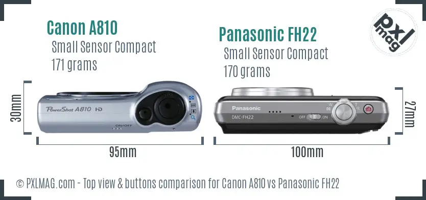 Canon A810 vs Panasonic FH22 top view buttons comparison