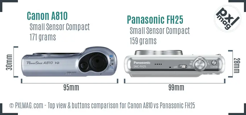 Canon A810 vs Panasonic FH25 top view buttons comparison Canon A810 vs Panasonic FH25 top view buttons comparison