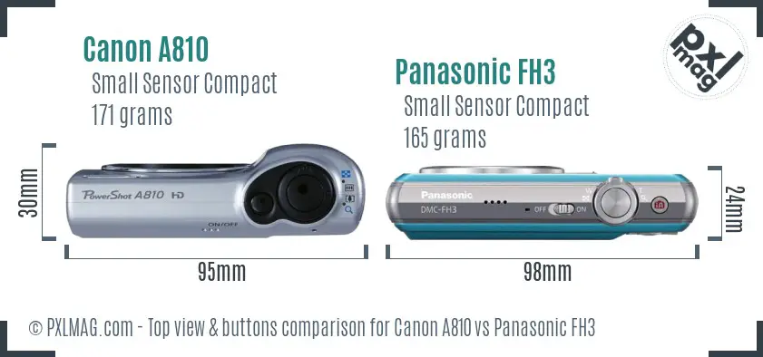 Canon A810 vs Panasonic FH3 top view buttons comparison