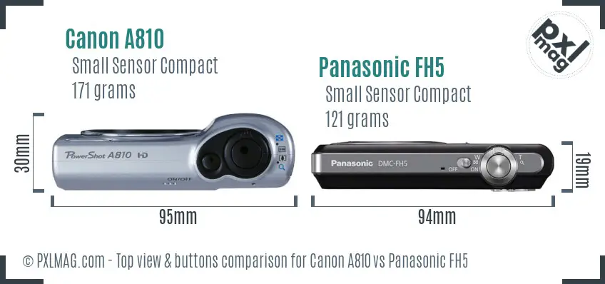 Canon A810 vs Panasonic FH5 top view buttons comparison