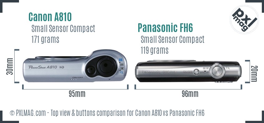 Canon A810 vs Panasonic FH6 top view buttons comparison