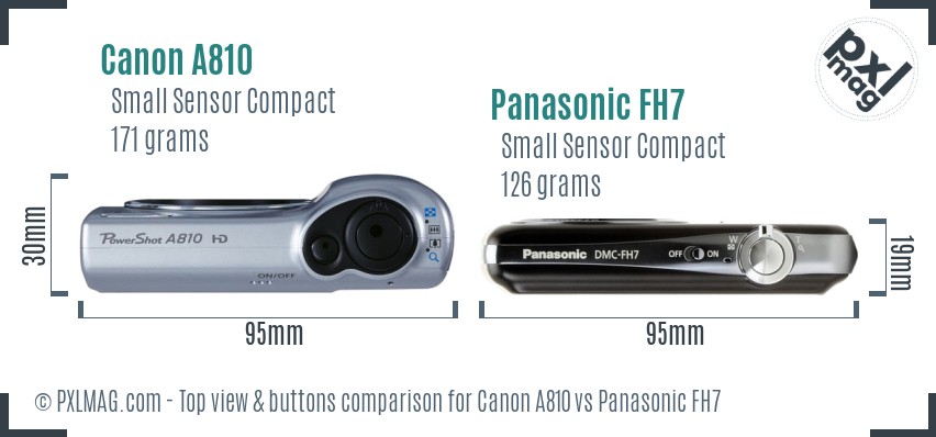 Canon A810 vs Panasonic FH7 top view buttons comparison