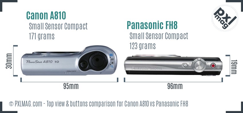 Canon A810 vs Panasonic FH8 top view buttons comparison