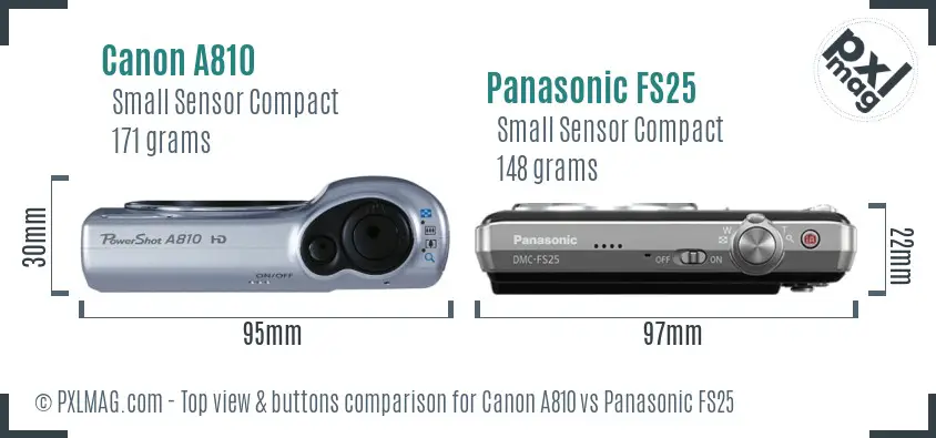 Canon A810 vs Panasonic FS25 top view buttons comparison Canon A810 vs Panasonic FS25 top view buttons comparison
