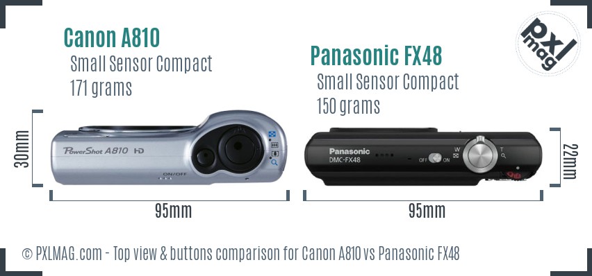 Canon A810 vs Panasonic FX48 top view buttons comparison
