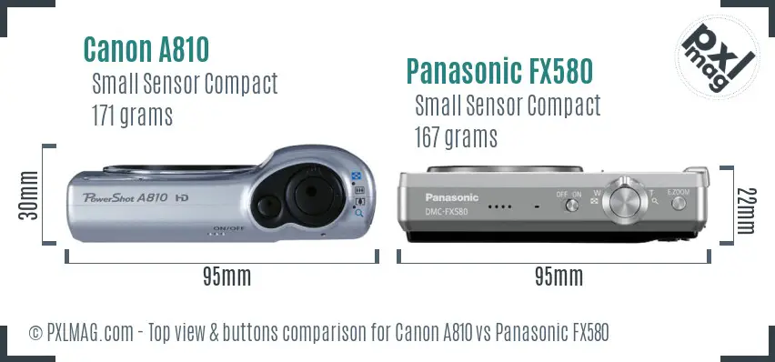 Canon A810 vs Panasonic FX580 top view buttons comparison Canon A810 vs Panasonic FX580 top view buttons comparison