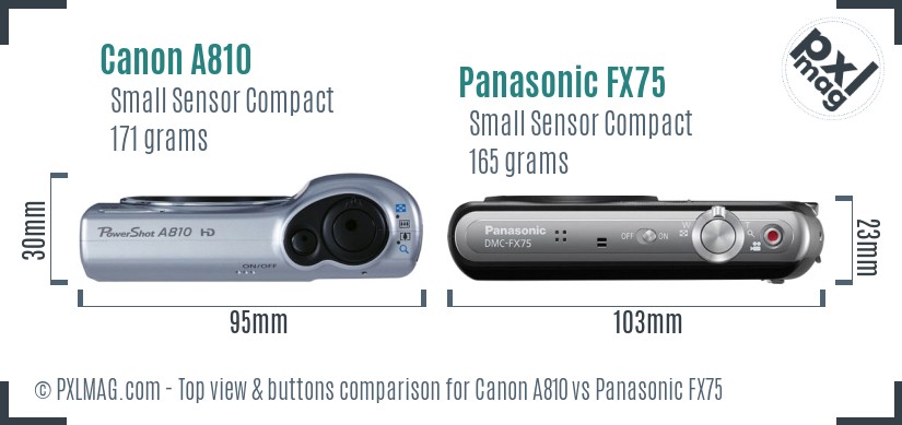 Canon A810 vs Panasonic FX75 top view buttons comparison