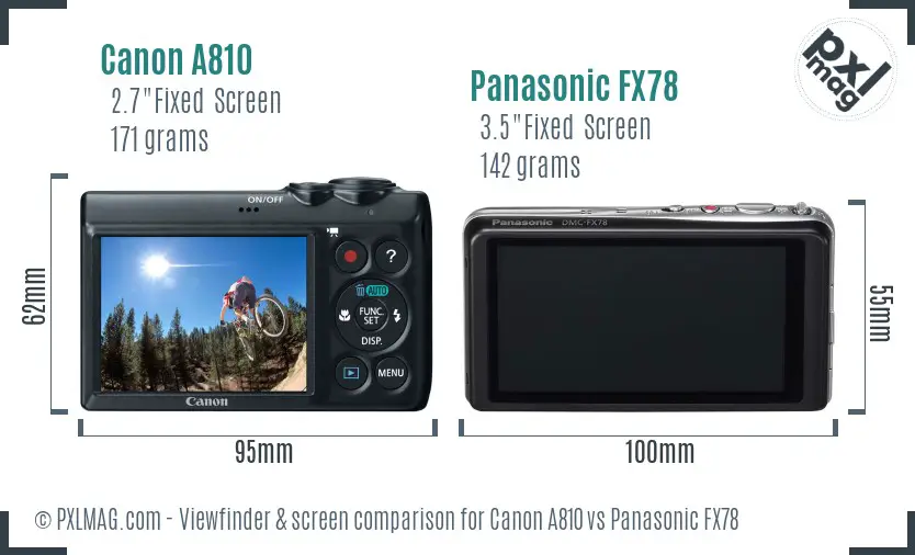 Canon A810 vs Panasonic FX78 Screen and Viewfinder comparison