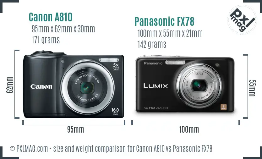 Canon A810 vs Panasonic FX78 size comparison