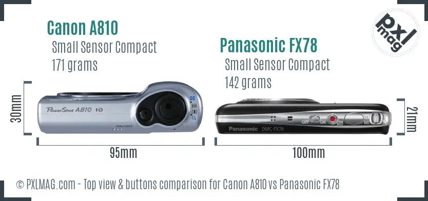 Canon A810 vs Panasonic FX78 top view buttons comparison