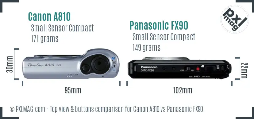 Canon A810 vs Panasonic FX90 top view buttons comparison