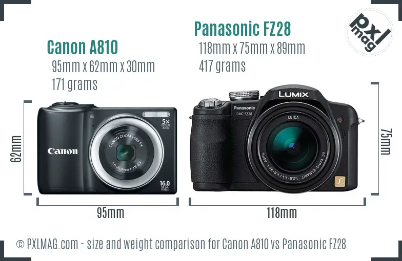 Canon A810 vs Panasonic FZ28 size comparison Canon A810 vs Panasonic FZ28 size comparison
