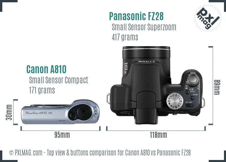 Canon A810 vs Panasonic FZ28 top view buttons comparison Canon A810 vs Panasonic FZ28 top view buttons comparison