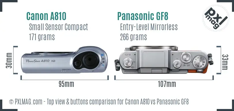 Canon A810 vs Panasonic GF8 top view buttons comparison