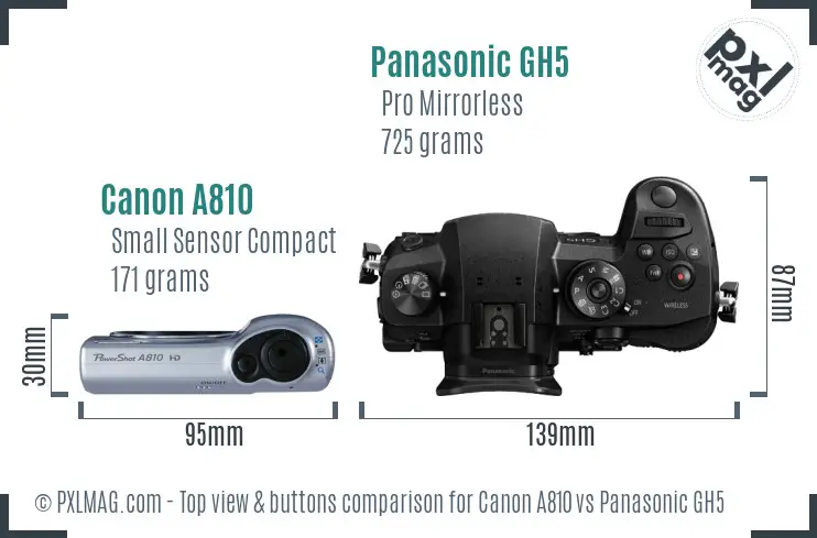 Canon A810 vs Panasonic GH5 top view buttons comparison