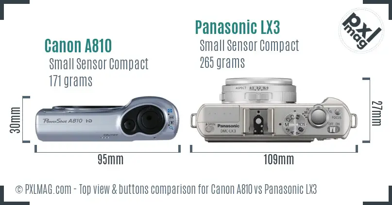 Canon A810 vs Panasonic LX3 top view buttons comparison