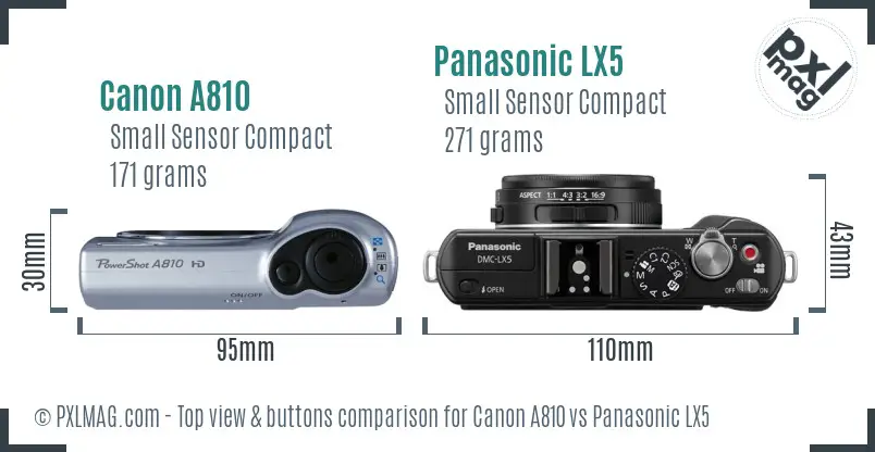 Canon A810 vs Panasonic LX5 top view buttons comparison Canon A810 vs Panasonic LX5 top view buttons comparison