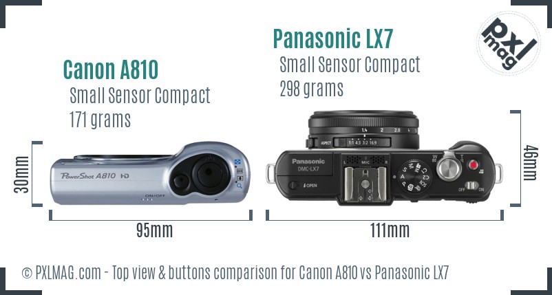Canon A810 vs Panasonic LX7 top view buttons comparison