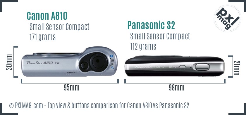 Canon A810 vs Panasonic S2 top view buttons comparison