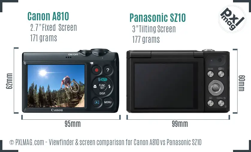 Canon A810 vs Panasonic SZ10 Screen and Viewfinder comparison