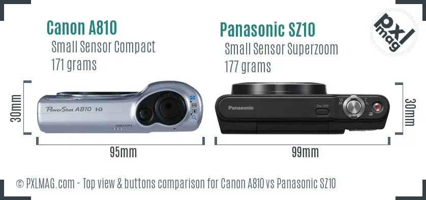 Canon A810 vs Panasonic SZ10 top view buttons comparison