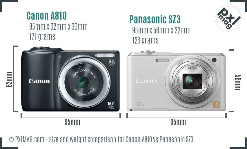 Canon A810 vs Panasonic SZ3 size comparison