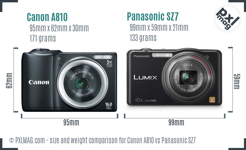 Canon A810 vs Panasonic SZ7 size comparison