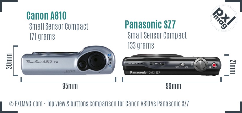 Canon A810 vs Panasonic SZ7 top view buttons comparison