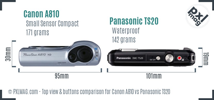 Canon A810 vs Panasonic TS20 top view buttons comparison
