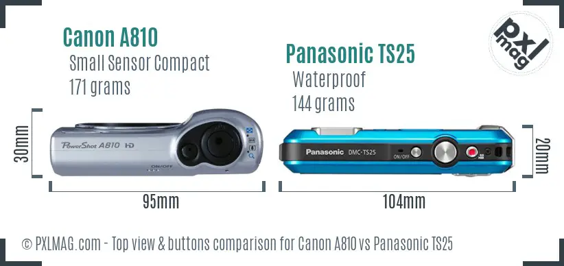 Canon A810 vs Panasonic TS25 top view buttons comparison