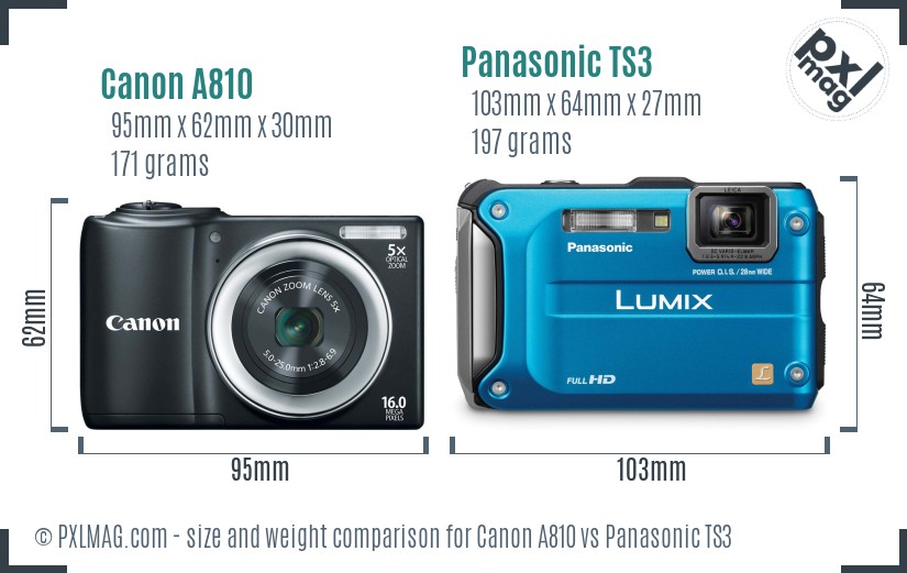 Canon A810 vs Panasonic TS3 size comparison