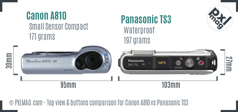 Canon A810 vs Panasonic TS3 top view buttons comparison