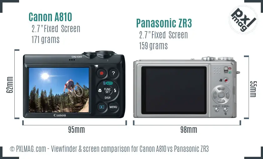 Canon A810 vs Panasonic ZR3 Screen and Viewfinder comparison