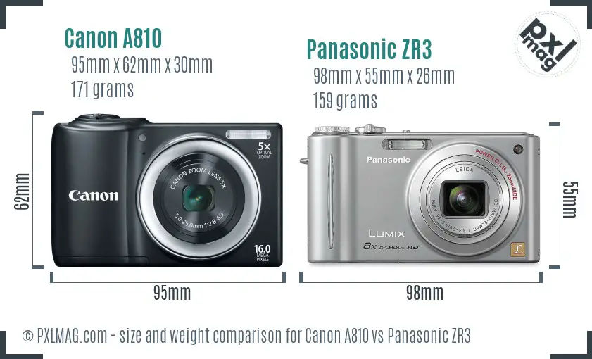 Canon A810 vs Panasonic ZR3 size comparison