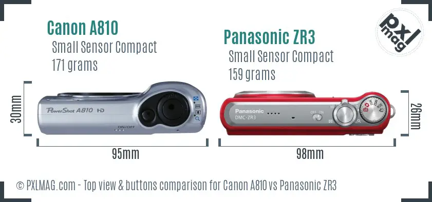 Canon A810 vs Panasonic ZR3 top view buttons comparison