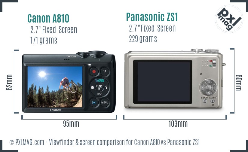 Canon A810 vs Panasonic ZS1 Screen and Viewfinder comparison