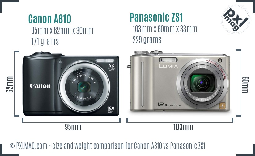 Canon A810 vs Panasonic ZS1 size comparison